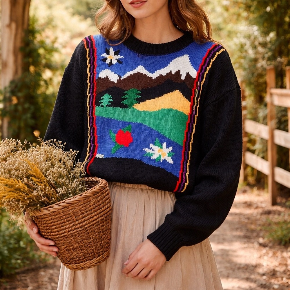 Vintage Nutcracker Sweater Womens Large Black Mountain Scene 80s 90s Cottagecore